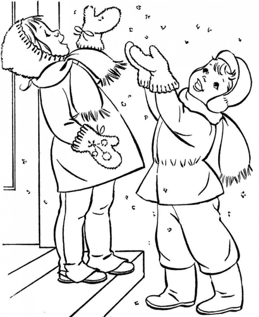 Мальчик и девочка радуются снежинкам - раскраска №44