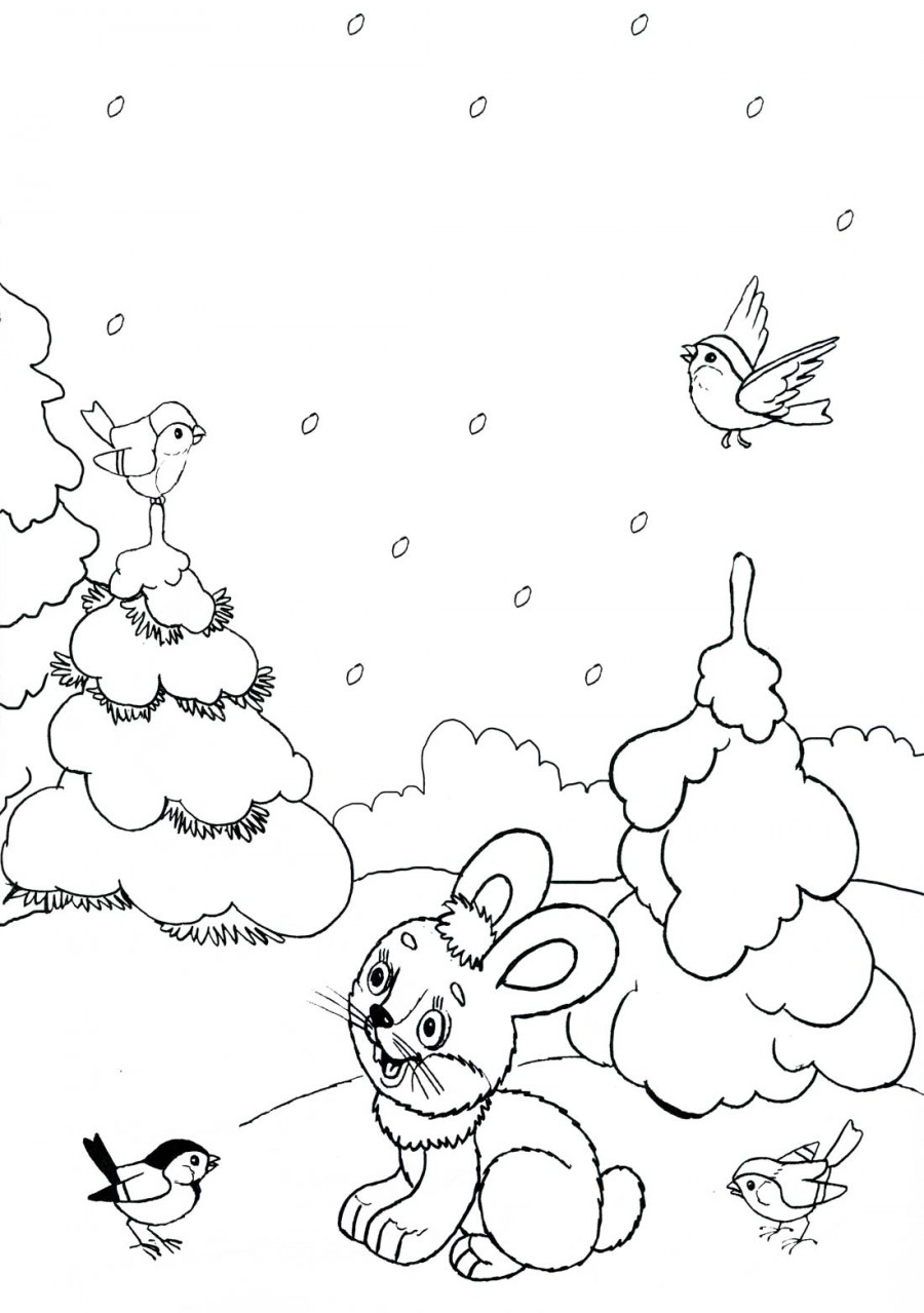 Зайчик и птички в зимнем лесу - раскраска №46