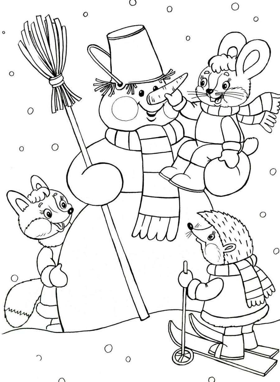 Снеговик, ежик, лисичка и зайчик - раскраска №43