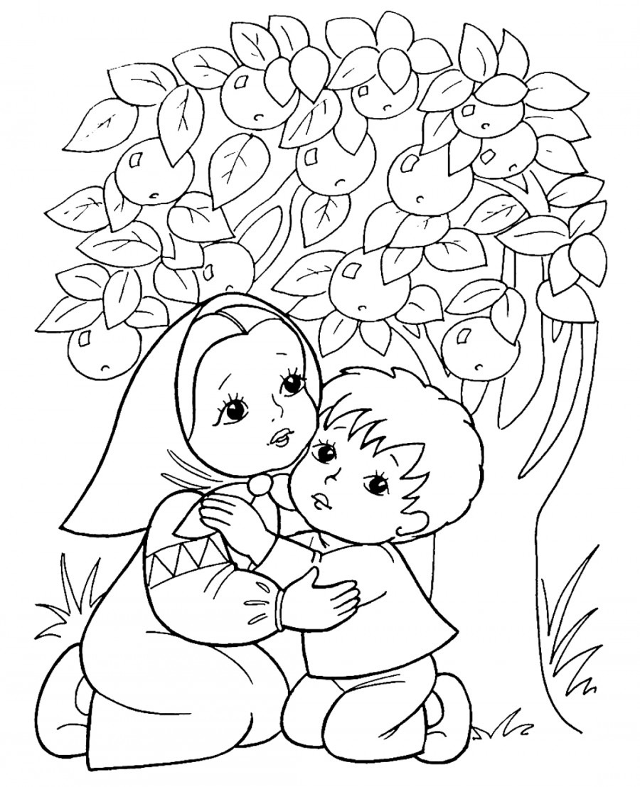 Дети прячутся от гусей под яблонькой - раскраска №477