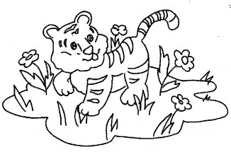 Тигр на лужайке - раскраска					№1539