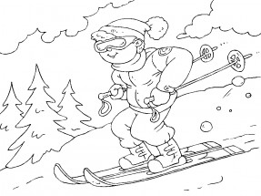 Мальчик на лыжах зимой - раскраска					№9631