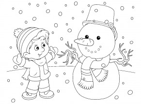 Мальчик и снеговик зимой - раскраска					№4175