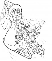 Зимняя фея катает детей на санках - раскраска					№4339