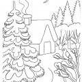 Зимний пейзаж и домик в лесу - раскраска №13525