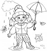 Девочка под осенним дождем - раскраска					№9849