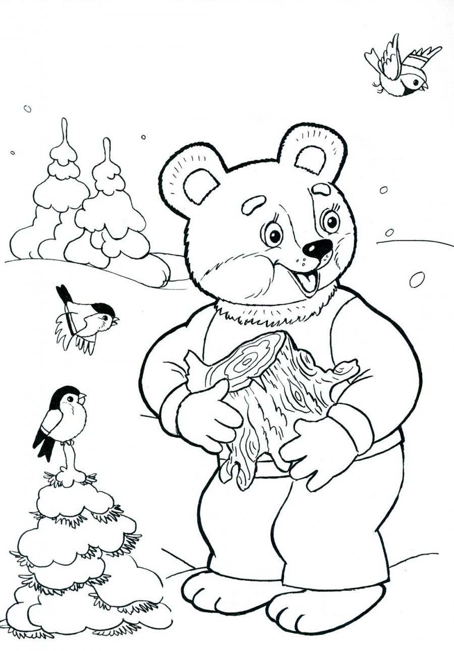 Зима в лесу и медведь - раскраска №3042