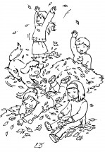 Дети в опавших листьях - раскраска					№12427