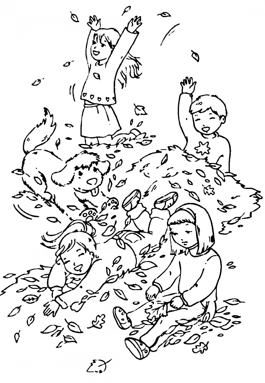 Дети в опавших листьях - раскраска №12427