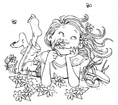 Девочка на лужайке - раскраска					№3084