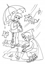Дети под осенним дождем - раскраска					№11864
