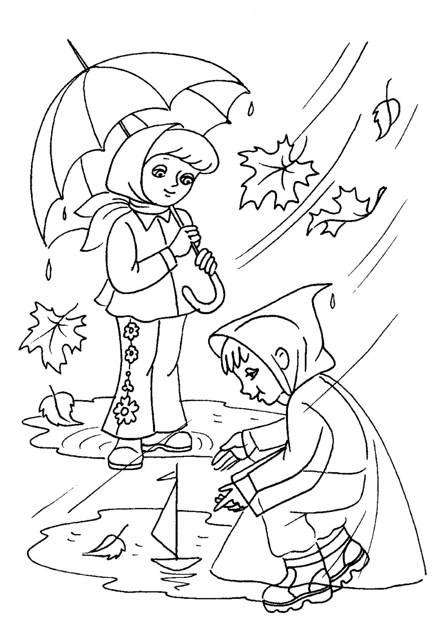 Дети под осенним дождем - раскраска №11864