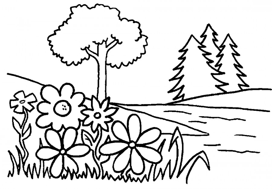 Деревья и цветы - раскраска №12490