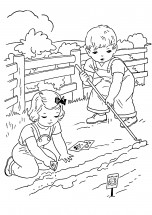 Дети в огороде летом - раскраска					№9520