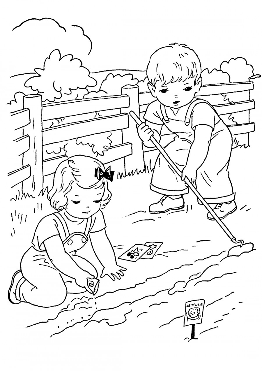 Дети в огороде летом - раскраска №9520