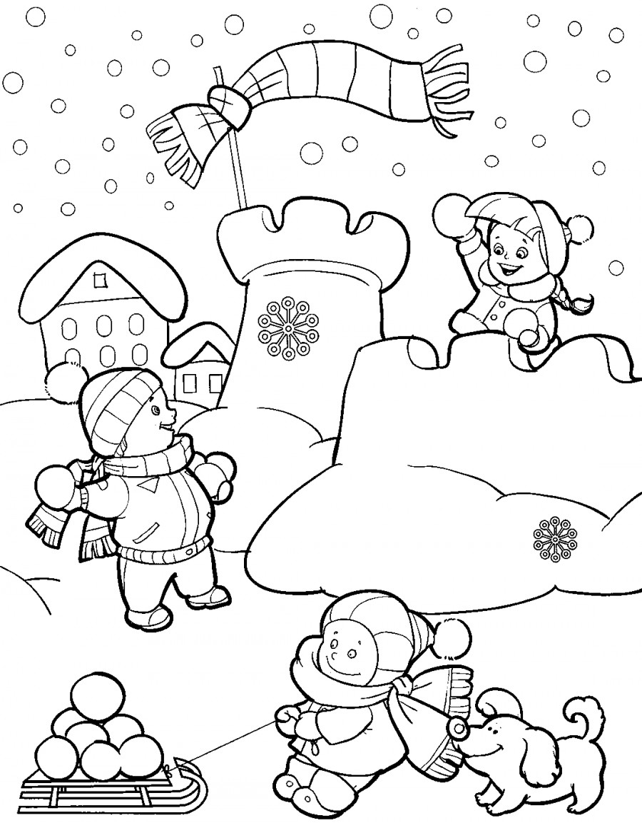 Дети строят снежную крепость - раскраска №4259