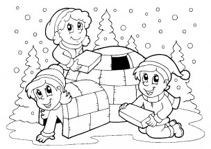 Дети строят зимний шалаш - раскраска					№11531