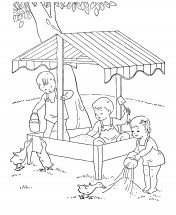 Дети в песочнице - раскраска					№9888