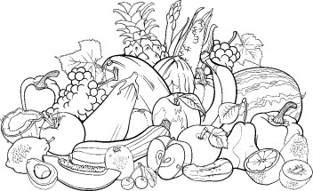 Изобилие овощей и фруктов - раскраска					№11559