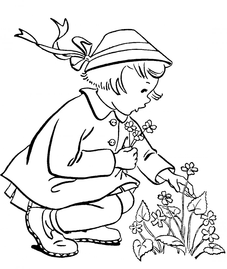 Девочка собирает цветы весной - раскраска №3081