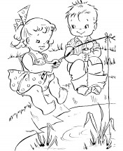 Дети на летней рыбалке - раскраска					№3071