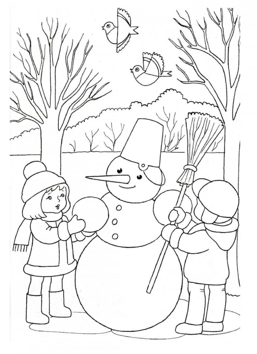 Дети лепят снеговика зимой - раскраска №5349