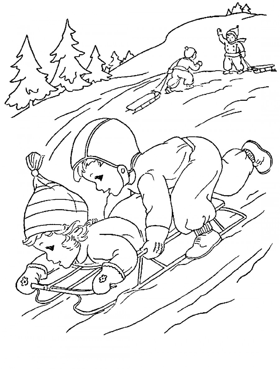 Дети катаются с горки на санках - раскраска №12378