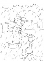 Мальчик с папой под весенним дождиком - раскраска					№12585