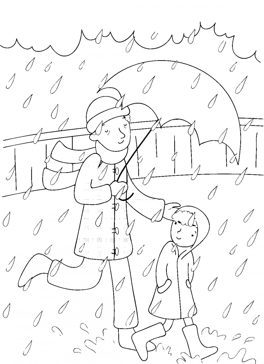Мальчик с папой под весенним дождиком - раскраска №12585