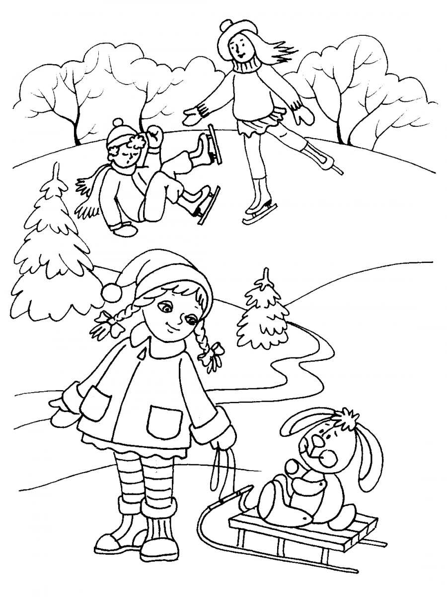 Природа зимой и дети - раскраска №10026