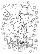 Снеговик и новогодние подарки - раскраска					№11837