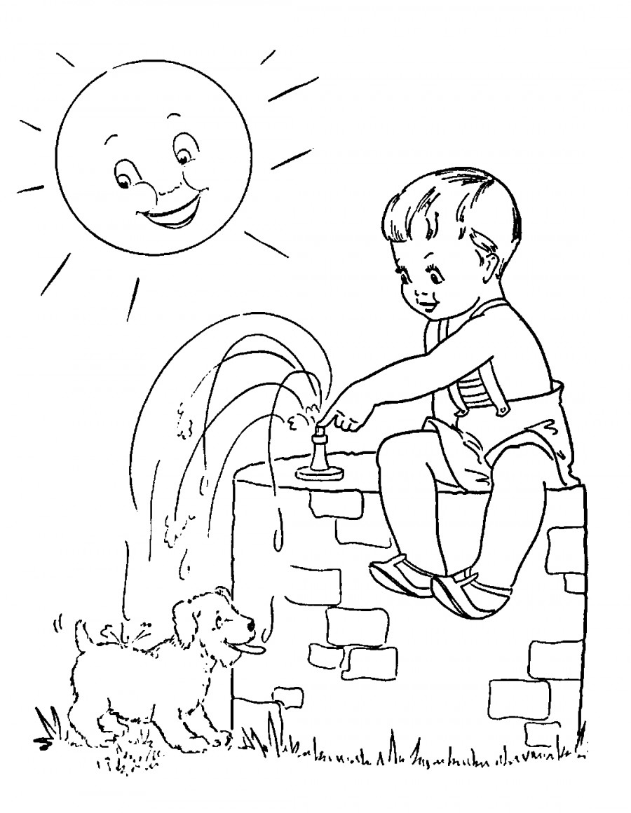 Мальчик и собака у фонтанчика - раскраска №2782
