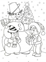 Снеговик со снеговенком и мальчик - раскраска					№4091