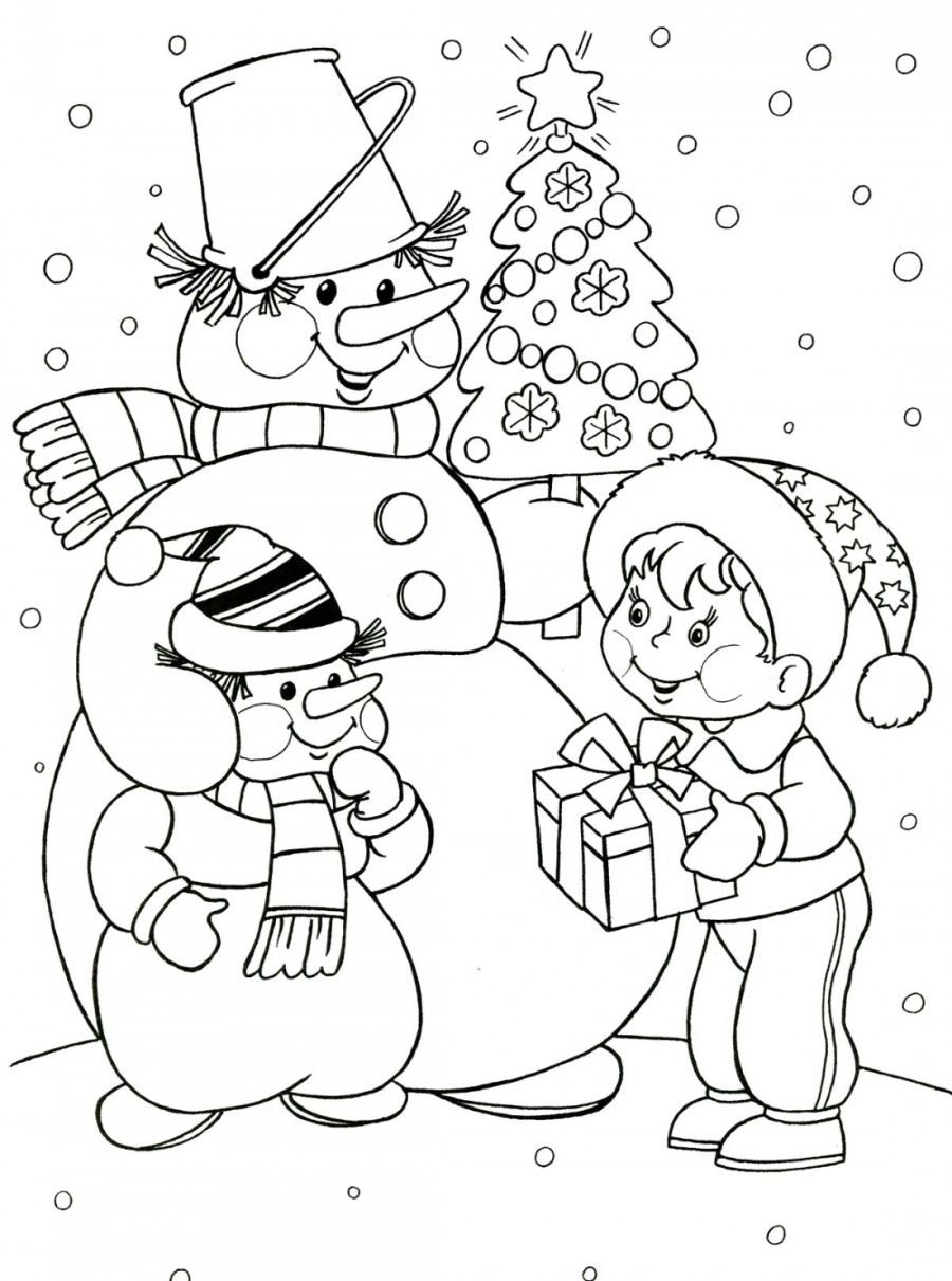 Снеговик со снеговенком и мальчик - раскраска №4091