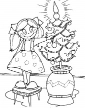 Девочка у Новогодней елочки - раскраска					№2943