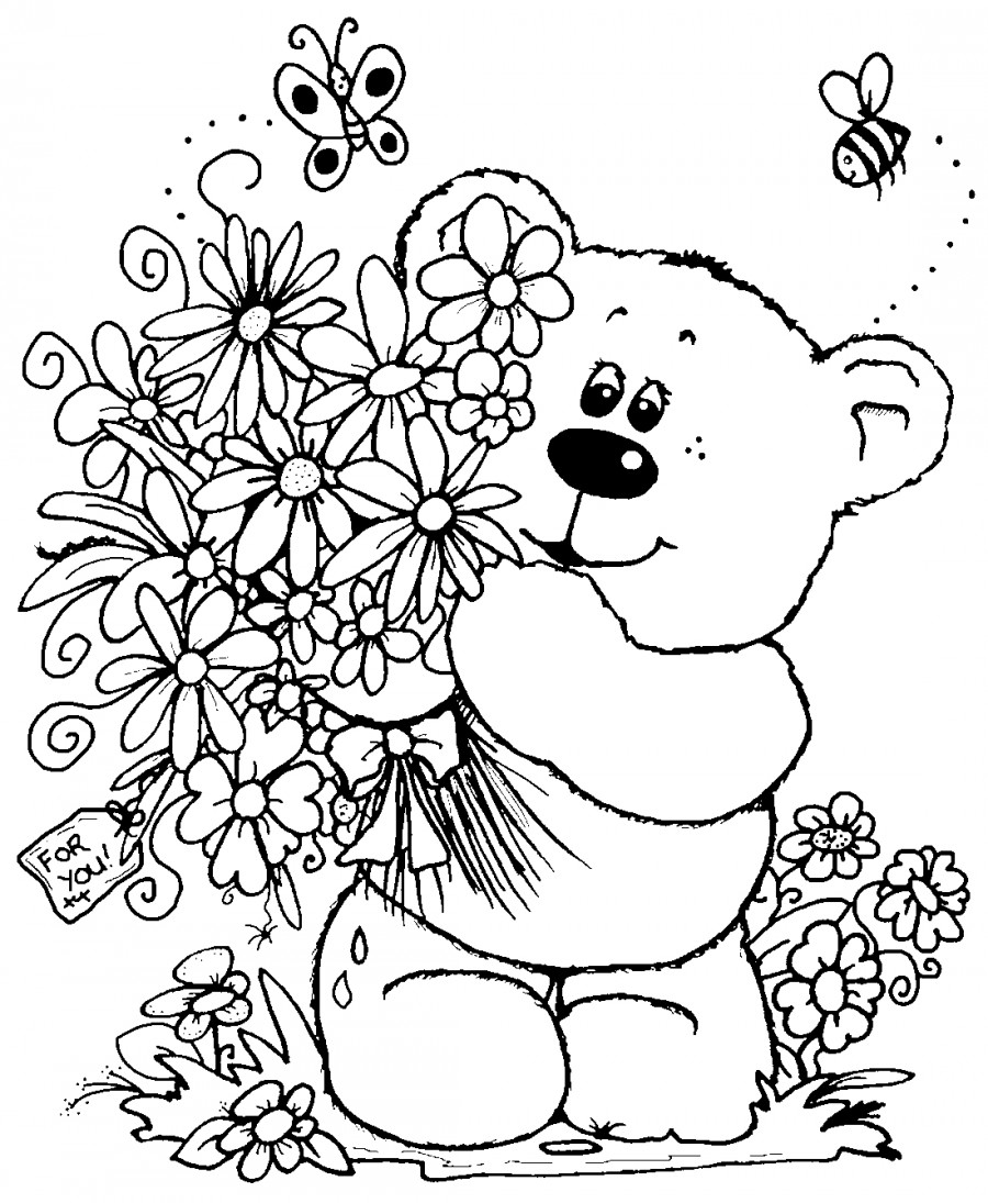 Цветы с медвежонком - раскраска №9802