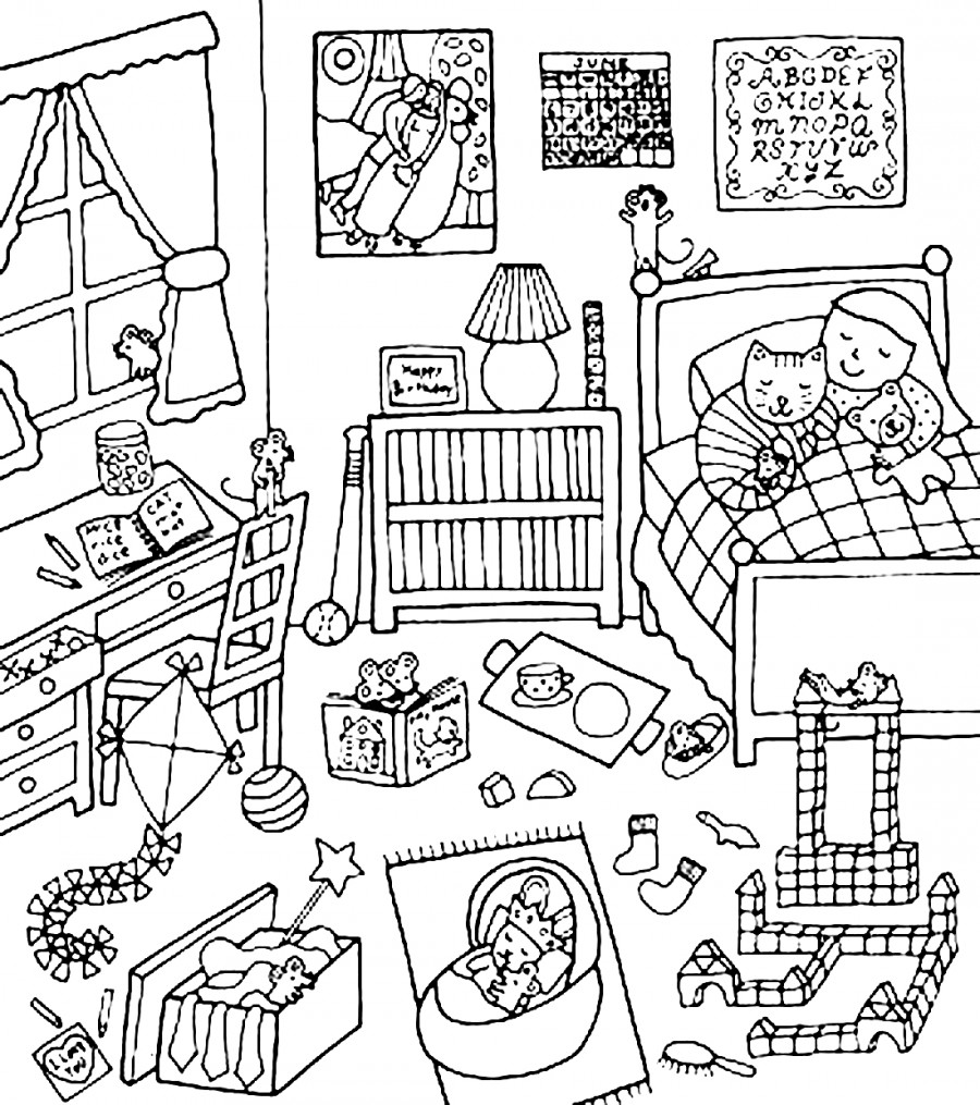 Детская комната с котиком и ребенком - раскраска №10270