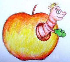Червяк в яблоке надел варежки - картинка					№10147