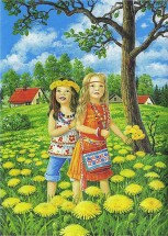 Девочки собирают одуванчики летом - картинка					№6736