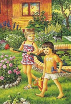 Дети ухаживают за летним двориком - картинка					№8716
