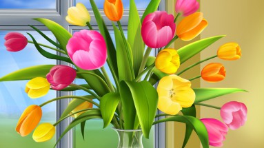 Тюльпаны в вазе у окна - картинка					№10850