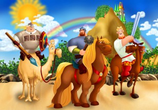 Три богатыря на лошадках на фоне радуги - картинка					№13383