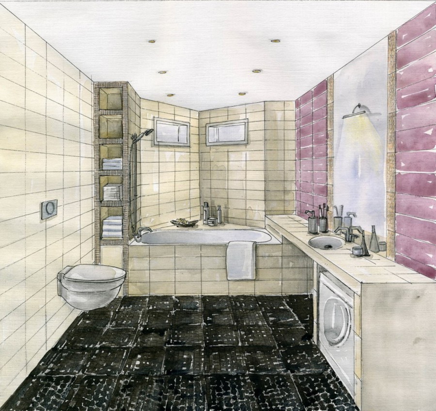 Ванная комната с черной наполной плиткой - картинка №11984