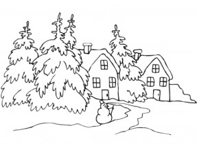 Елки, домики и снеговик - раскраска					№38