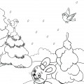 Зайчик и птички в зимнем лесу - раскраска №46