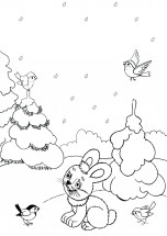 Зайчик и птички в зимнем лесу - раскраска					№46