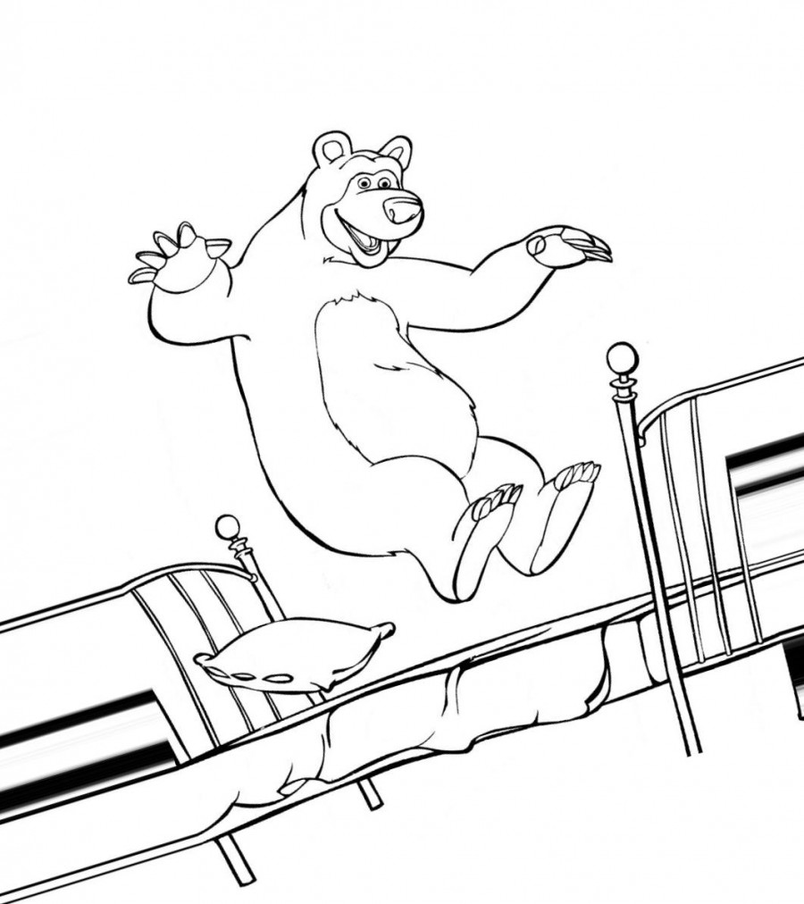 Медведь прыгает на кровати - раскраска №52