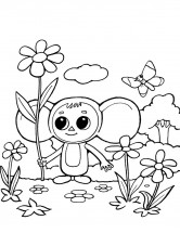 Чебурашка и цветок - раскраска					№64