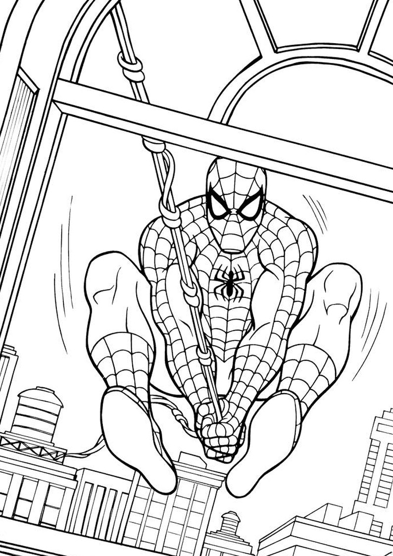 Человек-паук летит на паутине - раскраска №72