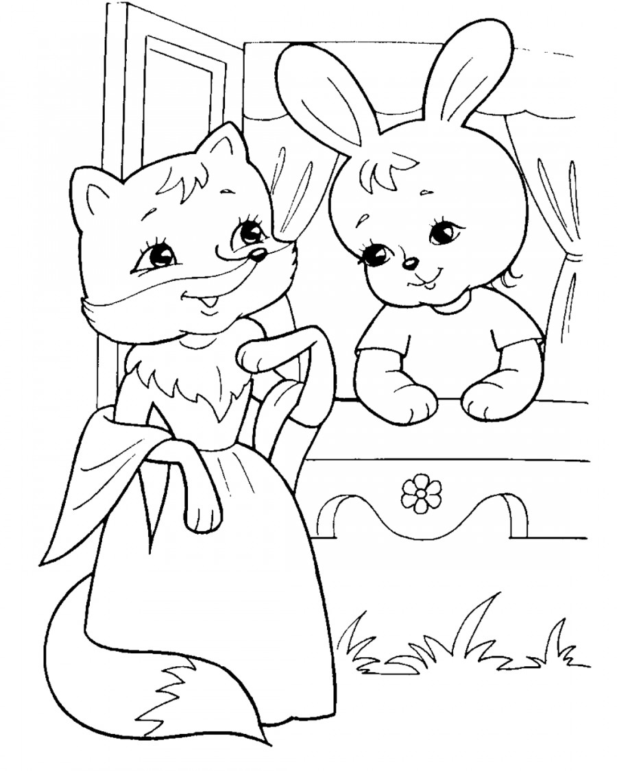 Лисичка просит зайца в теремке пожить - раскраска №398